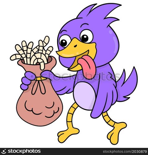 the purple bird walks happily carrying a bag of worms to eat