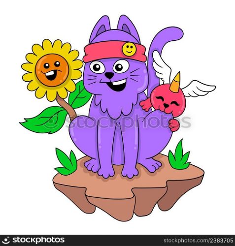 the purple cat is sitting with her friend welcoming the beautiful springs