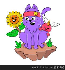 the purple cat is sitting with her friend welcoming the beautiful springs