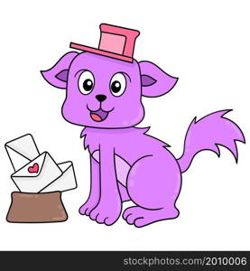 the purple dog is carrying the postal mail to deliver