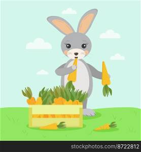 the rabbit has harvested a carrot and is eating it. rabbit eats delicious juicy ripe carrot harvest