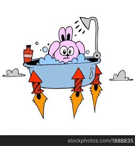 the rabbit is bathing in the bathup. cartoon illustration sticker mascot emoticon