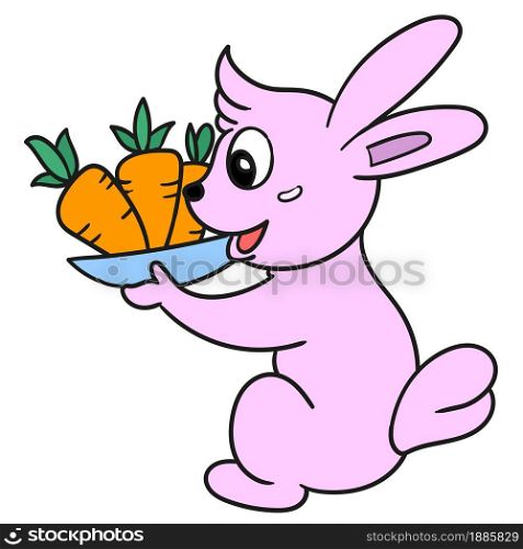 the rabbit is carrying lots of carrots. vector illustration of cartoon doodle sticker draw