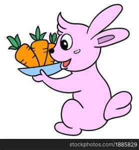 the rabbit is carrying lots of carrots. vector illustration of cartoon doodle sticker draw