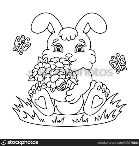 The rabbit is holding a bouquet of flowers in its paws. Coloring book page for kids. Cartoon style character. Vector illustration isolated on white background.