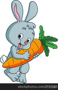 The rabbit is hugging the big carrot and going to eat it