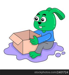 the rabbit is opening the cardboard box for the order package