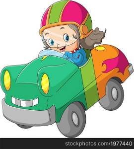 The racer girl is riding a car with the character