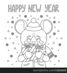 The rat holds New Year gift. The symbol of the Chinese New Year 2020. Greeting card with a mouse for the New Year. Vector illustration with cute character. Page for coloring book. Outline drawing.