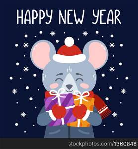The rat holds New Year&rsquo;s gifts. The symbol of the Chinese New Year 2020. Greeting card with a mouse for the New Year. Vector illustration with cute character. Hand drawn lettering. Scandinavian style.