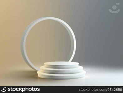 The realistic 3D podium stands decorative with circle border on a white floor in a sleek studio room background. Perfect for exhibitions, events, and showcasing your products. Product presentation with this vector illustrator mockup