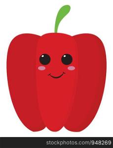 the red bell pepper of medium-size with a short green stalk, eyes rolled top-left has a closed smile turning up to the cheek set isolated on white background, vector, color drawing or illustration.