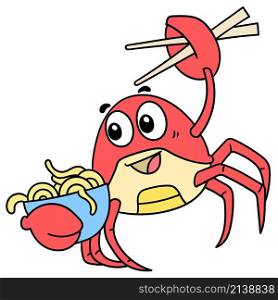 the red crab mascot carrying a bowl of noodles