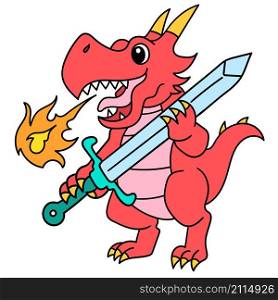 the red dragon gave off flames carrying a sword weapon
