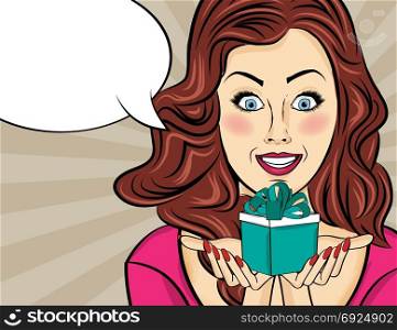 the red-haired lady with gift in her hands, pop art woman