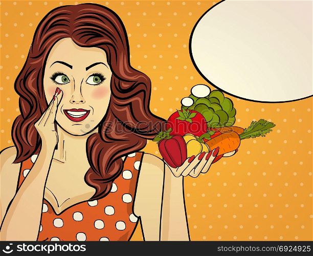 the red-haired lady with vegetable in her hands, pop art woman