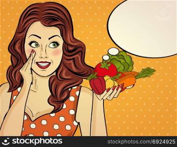 the red-haired lady with vegetable in her hands, pop art woman