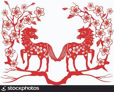 the red paper cut of two horses with plum blossom for Chinese new year