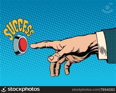 The red success button hand presses pop art retro style. Business concept success. The red success button hand presses