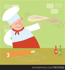 The restaurant cook in the kitchen cooking pizza. Chef rotates the dough. restaurant cook in the kitchen cooking pizza
