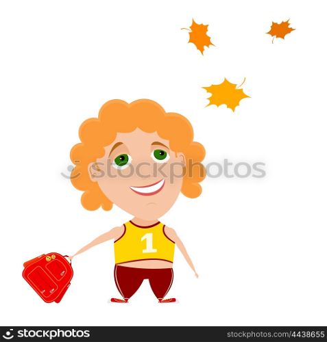 The return to school. The little boy with a red backpack, looking at autumn maple leaves. &#xA;Cartoon style. Stock vector illustration. Back to school