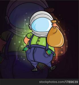 The rich little boy with the money and and using astronaut helmet of illustration