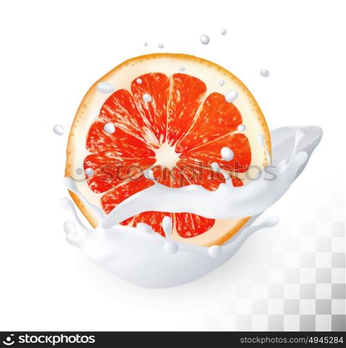 The ripe grapefruit in a milk splash on a transparent background. Vector.