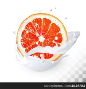 The ripe grapefruit in a milk splash on a transparent background. Vector.