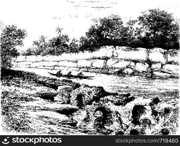 The River Narrows in Oiapoque, Brazil, drawing by Riou from a photograph, vintage engraved illustration. Le Tour du Monde, Travel Journal, 1880