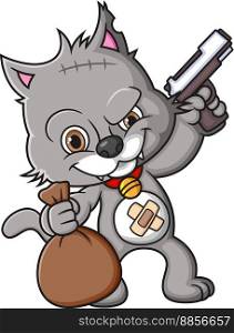 The robber cat holding gun and sitting of illustration