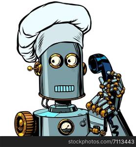 The robot cook takes the order menu, food delivery. Pop art retro vector illustration drawing. The robot cook takes the order menu, food delivery