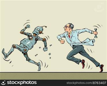The robot runs away from the scientist man. Artificial intelligence and people concept. Lab Escape. Pop Art Retro Vector Illustration Kitsch Vintage 50s 60s Style. The robot runs away from the scientist man. Artificial intelligence and people concept. Lab Escape