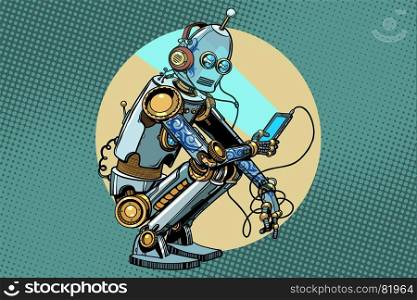 The robot sits and reads smartphone. New technologies, progress. Pop art retro vector vintage illustrations. The robot sits and reads smartphone
