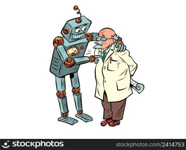 The robot talks to the professor, artificial intelligence and the human mind. Two friends. Comic cartoon style drawing illustration. The robot talks to the professor, artificial intelligence and the human mind. Two friends
