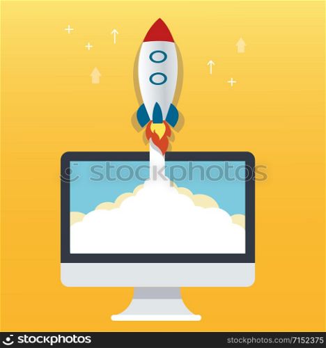 the rocket icon and computer yellow background, startup business concept illustration