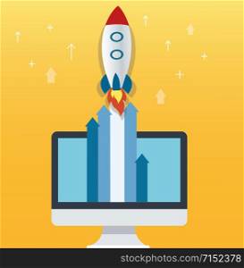 the rocket icon and computer yellow background, startup business concept illustration