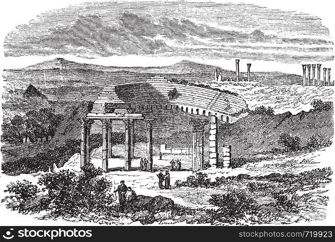 The ruins of Gerasa in Jordan, during the 1890s, vintage engraving. Old engraved illustration of small theatre ruins in Gerasa.