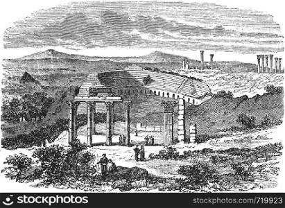 The ruins of Gerasa in Jordan, during the 1890s, vintage engraving. Old engraved illustration of small theatre ruins in Gerasa.