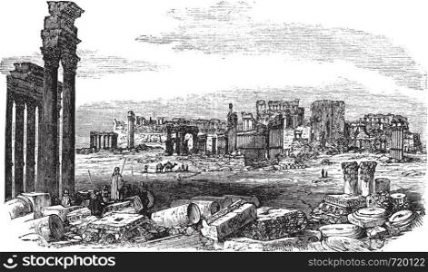 The ruins of Palmyra in Syria, during the 1890s, vintage engraving. Old engraved illustration of the ruins of Palmyra in Syria.