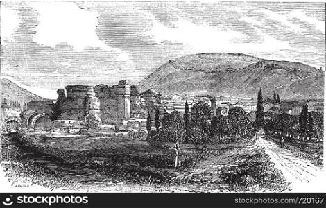 The ruins of Pergamon or Pergamum in Turkey, during the 1890s, vintage engraving. Old engraved illustration of the ruins of Pergamon.