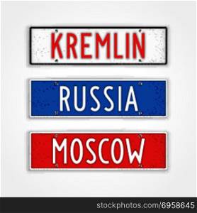 The Russia style car signs. Set of stylized signboards in style car license plate. Russia, Moscow, Kremlin