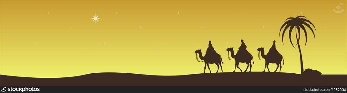 The sages from the east ride camels and look at the Star of Bethlehem.