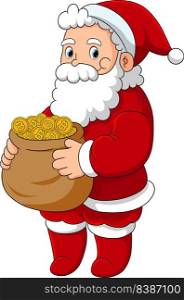 The santa claus is carrying a big sack of bitcoins