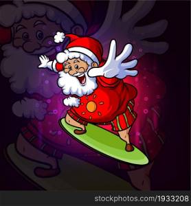 The santa clause is riding a surfing board esport mascot design