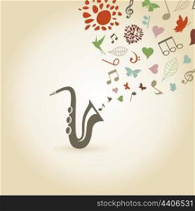 The saxophone publishes notes and a flower. A vector illustration