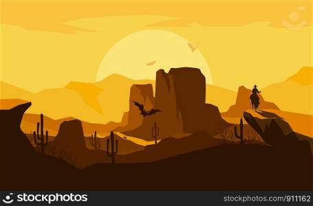 The scene of the wild west in the sunset with cowboy riding a horse, vector illustration and design.