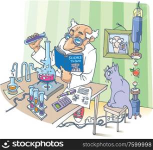 The Scientist and his Cat. A picture about the Scientist, his Cat and a strange experiments.