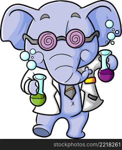 The scientist elephant is holding the beaker glass