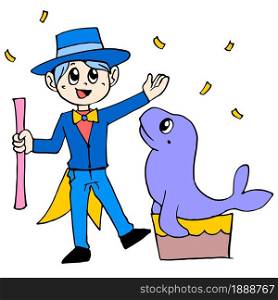 The seal trainer is performing a circus stunt. cartoon illustration sticker mascot emoticon