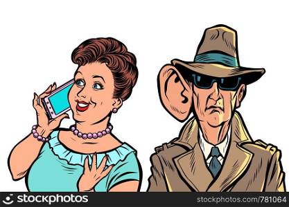 The secret services of the state eavesdrop on telephone conversations of citizens. Comic cartoon pop art retro illustration drawing. The secret services of the state eavesdrop on telephone conversations of citizens